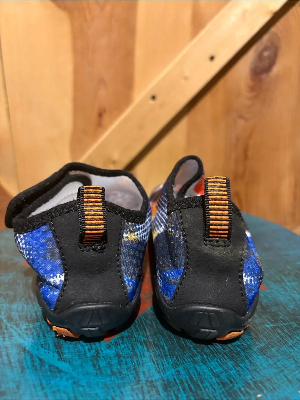 Kids Slip-On Water Shoes – Blue, Orange & White Splash